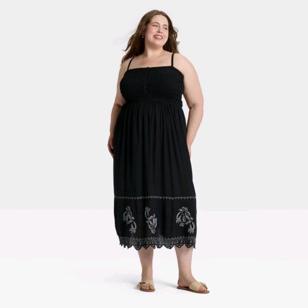Universal Thread Black Boho Embroidered Midi Dress XXL Smocked Rayon NWT